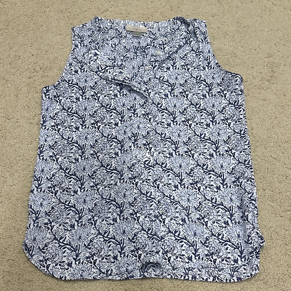 Loft Sleeveless Floral Print Shell Top - Navy & White